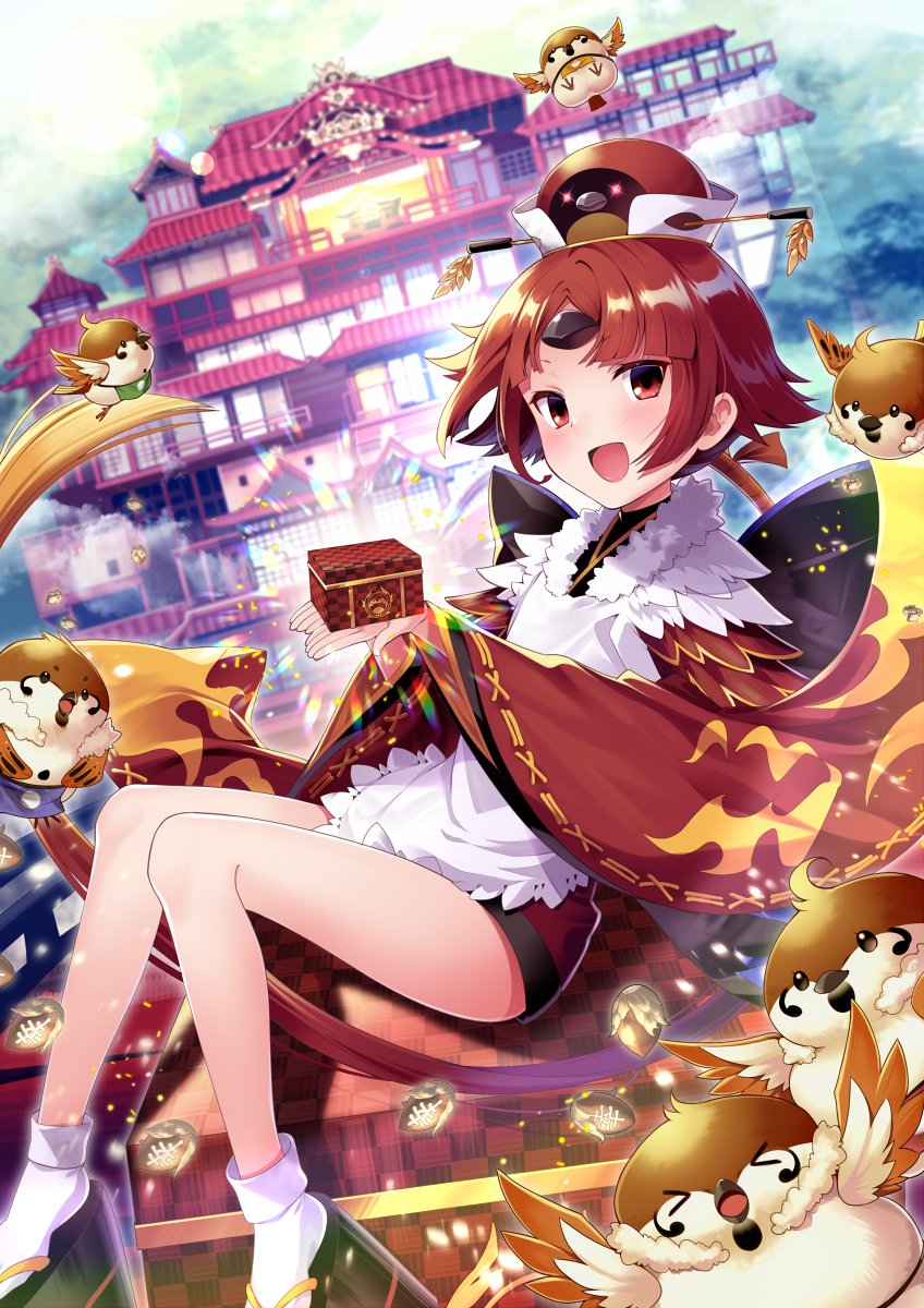 &gt;_&lt; 1girl acorn apron architecture benienma_(fate/grand_order) bird box brown_eyes brown_hair east_asian_architecture fate/grand_order fate_(series) highres lens_flare low_ponytail migi12hidari8 sitting sitting_on_box smile sparrow wide_sleeves