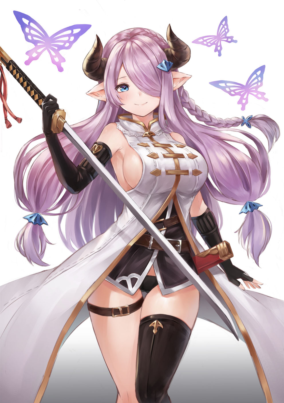 1girl arm_at_side armpits belt belt_buckle black_gloves black_legwear black_panties blush braid breasts buckle bug butterfly closed_mouth cowboy_shot elbow_gloves fingerless_gloves fuwawa_(fuwawa617) gloves granblue_fantasy hair_over_one_eye head_tilt highres holding holding_sword holding_weapon horns insect large_breasts long_hair looking_at_viewer low-tied_long_hair mismatched_gloves narmaya_(granblue_fantasy) no_pants panties pointy_ears ponytail purple_hair sheath sideboob single_braid single_fingerless_glove single_thighhigh sleeveless smile solo sword thigh-highs thigh_gap thigh_strap underwear unsheathed very_long_hair weapon