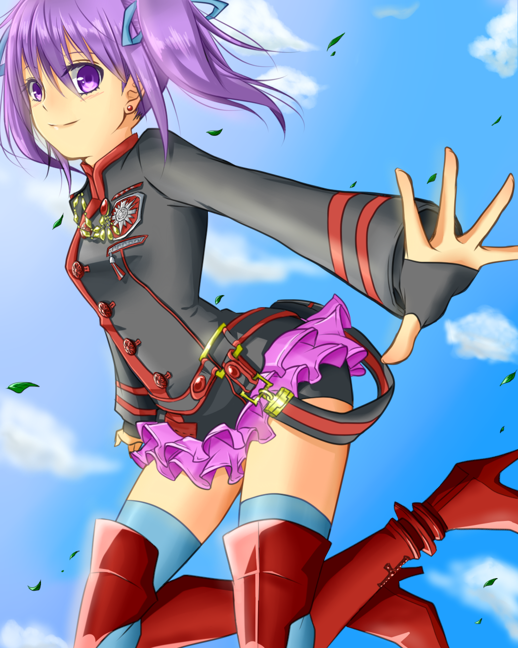 1girl armored_boots bike_shorts black_shorts blue_legwear blue_ribbon blue_sky boots clouds d.gray-man day earrings fj81l grey_jacket hair_between_eyes hair_ribbon hair_tie_in_mouth high_heel_boots high_heels highres jacket jewelry jumping layered_skirt legs_up lenalee_lee long_sleeves microskirt military_jacket mouth_hold outdoors pleated_skirt purple_hair purple_skirt red_footwear ribbon shiny shiny_hair short_shorts shorts shorts_under_skirt side_ponytail skirt sky smile solo violet_eyes