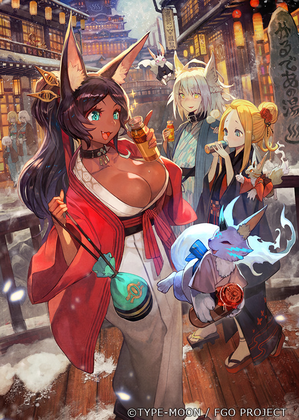 6+girls abigail_williams_(fate/grand_order) ahoge alternate_hairstyle animal_ear_fluff animal_ears aqua_eyes atalanta_(fate) bag black_hair blonde_hair blue_eyes bottle breasts bridge building bursting_breasts cat_ears cleavage collar commentary_request dark_skin drinking fang fate/grand_order fate_(series) flower hair_bun hair_flower hair_ornament ibaraki_douji_(fate/grand_order) japanese_clothes jeanne_d'arc_(alter)_(fate) jeanne_d'arc_(fate) jeanne_d'arc_(fate)_(all) jeanne_d'arc_alter_santa_lily lack large_breasts long_hair multiple_girls open_mouth queen_of_sheba_(fate/grand_order) short_hair shuten_douji_(fate/grand_order) silver_hair smile snow sparkle yellow_eyes