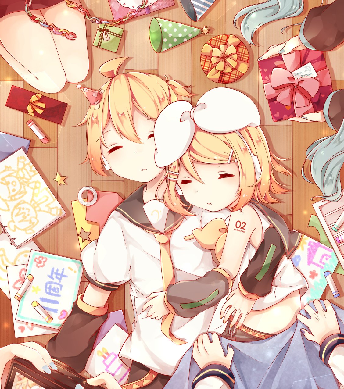 2boys 3girls ahoge anniversary aqua_hair arms_around_back bass_clef birthday blanket blonde_hair box closed_eyes covering_with_blanket crayon detached_sleeves drawing dress from_above gift gift_box gift_wrapping hair_ornament hair_ribbon hairclip hat hatsune_miku highres holding holding_gift kagamine_len kagamine_rin kaito kneeling lying megurine_luka meiko multiple_boys multiple_girls nail_polish necktie on_back paper_chain party_hat ribbon sailor_collar sailor_dress sazanami_(ripple1996) shoulder_tattoo siblings sleeping star tattoo twins vocaloid wooden_floor