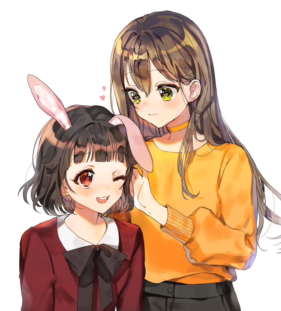 2girls ;d animal_ears bang_dream! bangs black_hair black_neckwear blunt_bangs blush choker commentary green_eyes hanazono_tae heart long_hair looking_at_another maneul_(gr_722) multiple_girls neck_ribbon one_eye_closed open_mouth orange_choker orange_shirt petting rabbit_ears red_eyes red_shirt ribbon shirt short_hair simple_background smile sweatshirt symbol_commentary upper_body ushigome_rimi white_background yellow_choker yellow_shirt