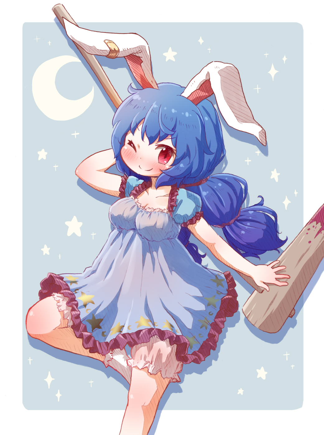 1girl ambiguous_red_liquid animal_ears arinu bloomers blue_background blue_dress blue_hair blush breasts cleavage commentary_request crescent dress ear_clip floppy_ears highres holding_mallet kine long_hair looking_at_viewer mallet medium_breasts one_eye_closed partial_commentary rabbit_ears red_eyes seiran_(touhou) short_dress smile socks solo stain standing star tied_hair touhou underwear white_legwear