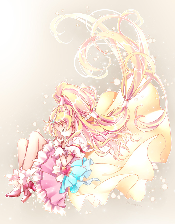 1girl blonde_hair blue_bow bow closed_eyes cure_tomorrow dress fetal_position frills full_body grey_background hair_ornament half_updo heart heart_hair_ornament hug-tan_(precure) hugtto!_precure kawanobe light_particles long_hair magical_girl multi-tied_hair pink_dress pink_footwear ponytail precure profile shoes solo wrist_cuffs