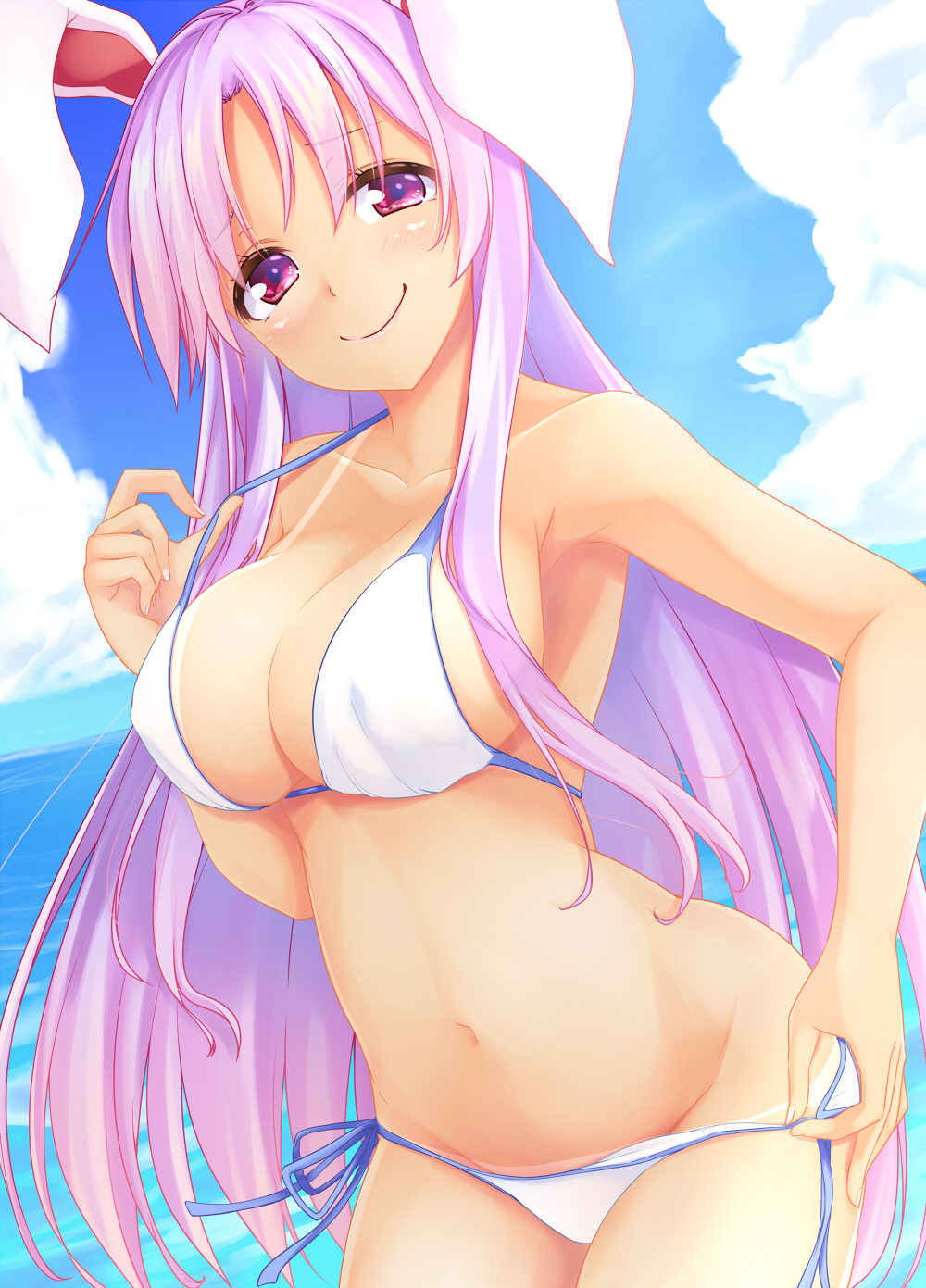 1girl animal_ears bare_arms bare_shoulders bikini bikini_pull blue_sky blush breasts clouds collarbone commentary_request cowboy_shot day eyebrows_visible_through_hair groin hair_between_eyes hand_up head_tilt highres kue large_breasts leaning_forward long_hair looking_at_viewer navel outdoors purple_hair rabbit_ears red_eyes reisen_udongein_inaba side-tie_bikini sketch sky smile solo standing stomach swimsuit tan tanline thighs touhou very_long_hair water white_bikini