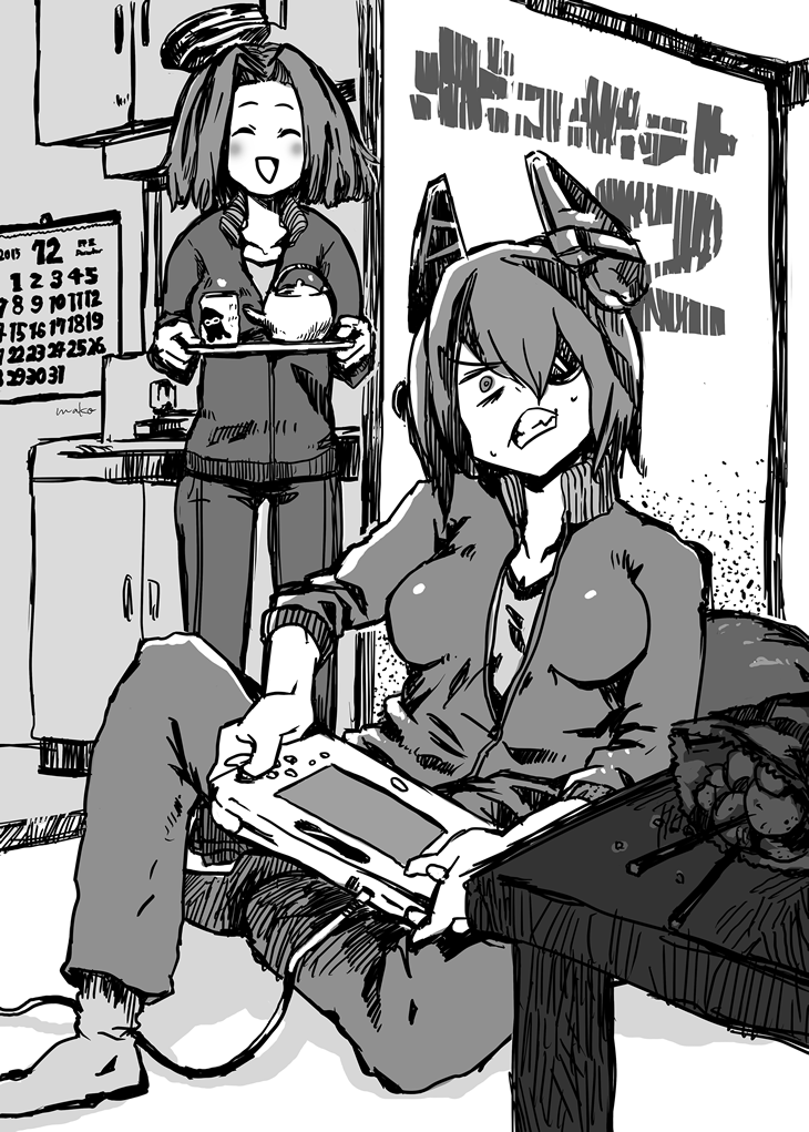 2girls alternate_costume apartment bangs breasts calendar_(object) clenched_teeth comic eyepatch fusuma greyscale hair_between_eyes headgear holding holding_tray kantai_collection kitchen mechanical_halo mizuno_(okn66) monochrome multiple_girls pants short_hair sliding_doors socks speech_bubble steam table tatami tatsuta_(kantai_collection) teapot teeth tenryuu_(kantai_collection) track_pants track_suit tray triangle_mouth unzipped wii_u_gamepad