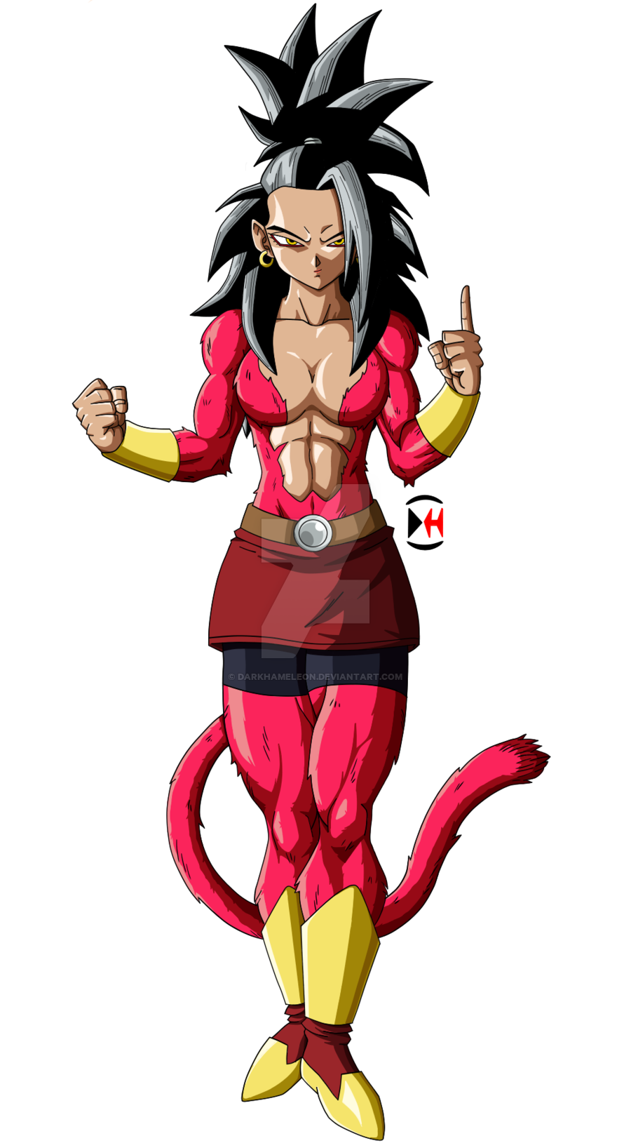 1girl abs black_hair breasts commentary darkhameleon dragon_ball dragon_ball_gt dragon_ball_super earrings english_commentary fur highres hoop_earrings jewelry kale_(dragon_ball) long_hair looking_at_viewer medium_breasts midriff monkey_tail muscle navel ponytail shirtless single_hair_intake smile spiky_hair tail