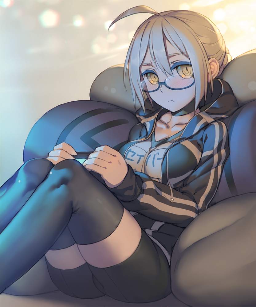 1girl :&lt; ahoge artoria_pendragon_(all) backlighting bike_shorts black_choker black_legwear blue-framed_eyewear blue_jacket breasts choker closed_mouth collarbone commentary_request controller cushion double_vertical_stripe drawstring dualshock empty_eyes erect_nipples expressionless fate/grand_order fate_(series) game_controller gamepad glasses jacket knees_up leaning_back long_sleeves looking_at_viewer medium_breasts mysterious_heroine_x_(alter) name_tag playing_games rotix semi-rimless_eyewear shirt short_hair sitting solo thigh-highs track_jacket under-rim_eyewear white_shirt yellow_eyes