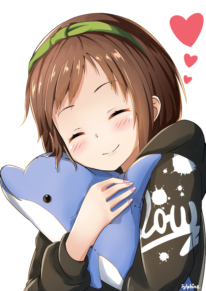 1girl ^_^ bang_dream! blush brown_hair brown_hoodie closed_eyes closed_eyes closed_mouth commentary_request facing_viewer fingernails green_hairband hairband hazawa_tsugumi head_tilt heart hood hood_down hoodie nail_polish object_hug pink_nails signature simple_background smile solo stuffed_animal stuffed_dolphin stuffed_toy sylphine upper_body white_background