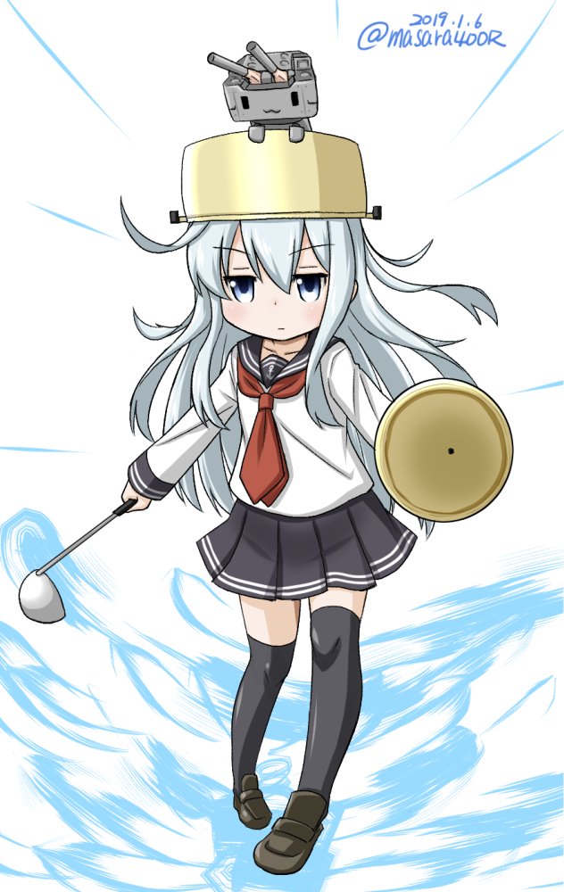 1girl 1other anchor_symbol black_legwear black_sailor_collar black_skirt blue_eyes commentary_request creature_on_head dated emphasis_lines hibiki_(kantai_collection) kantai_collection ladle long_hair long_sleeves looking_at_viewer masara_(masalucky2010) neckerchief pleated_skirt pot_on_head red_neckwear rensouhou-chan sailor_collar school_uniform serafuku silver_hair skirt thigh-highs twitter_username