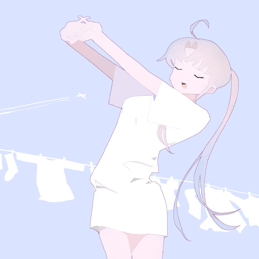 1girl ahoge aircraft airplane akitsushima_(kantai_collection) bangs blue_background closed_eyes clothesline hageshii_nakano hair_between_eyes kantai_collection laundry open_mouth outstretched_hand shirt side_ponytail silver_hair simple_background skirt solo stretch white_shirt white_skirt