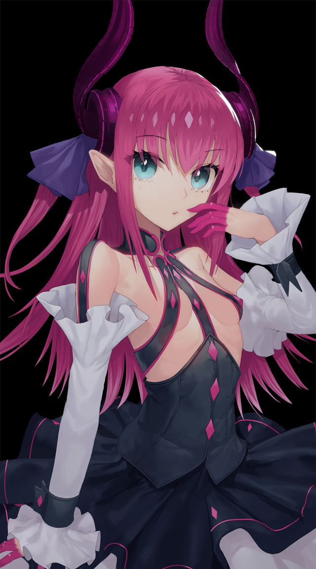 1girl bangosu bangs black_background black_dress blue_eyes blush breasts closed_mouth curled_horns detached_sleeves dragon_horns dress elizabeth_bathory_(fate) elizabeth_bathory_(fate)_(all) eyebrows_visible_through_hair fate/extra fate/extra_ccc fate_(series) hair_ribbon hand_up horns long_hair long_sleeves pink_hair pointy_ears purple_ribbon ribbon simple_background small_breasts solo two_side_up very_long_hair white_sleeves