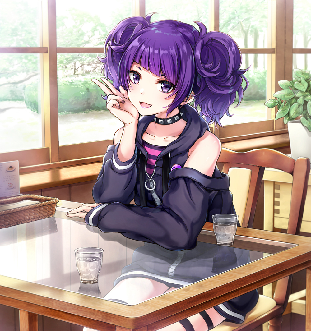 1girl :d arm_rest bangs bare_shoulders black_choker black_shirt brown_nails bush chair choker collarbone cup day drinking_glass eyebrows_visible_through_hair forest hand_up hood hood_down hoodie idolmaster idolmaster_shiny_colors indoors lipstick long_hair long_sleeves looking_at_viewer makeup menu nature off_shoulder open_mouth plant potted_plant purple_hair shirt sidelocks sitting sleeves_past_wrists smile solo studded_choker table tanaka_mamimi tokeshi tree twintails v violet_eyes water window zipper zipper_pull_tab