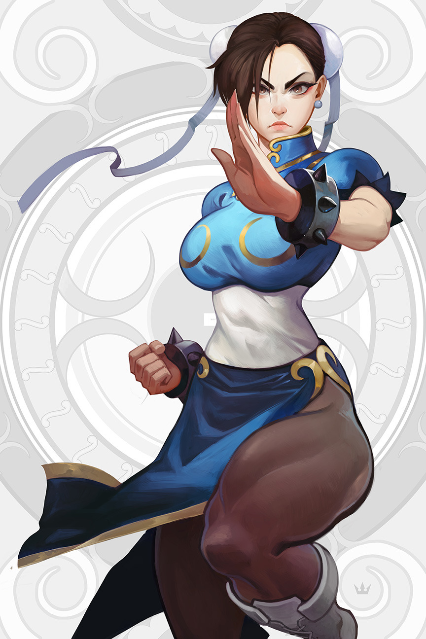 1girl blue_dress boots bracelet breasts brown_eyes brown_hair brown_legwear bun_cover capcom china_dress chinese_clothes chun-li closed_mouth cuffs double_bun dress earrings fighting_stance frown grey_background grey_footwear highres jewelry large_breasts looking_at_viewer muscle muscular_female nikusenpai pantyhose pelvic_curtain puffy_short_sleeves puffy_sleeves sash short_hair short_sleeves solo spiked_bracelet spikes standing standing_on_one_leg street_fighter
