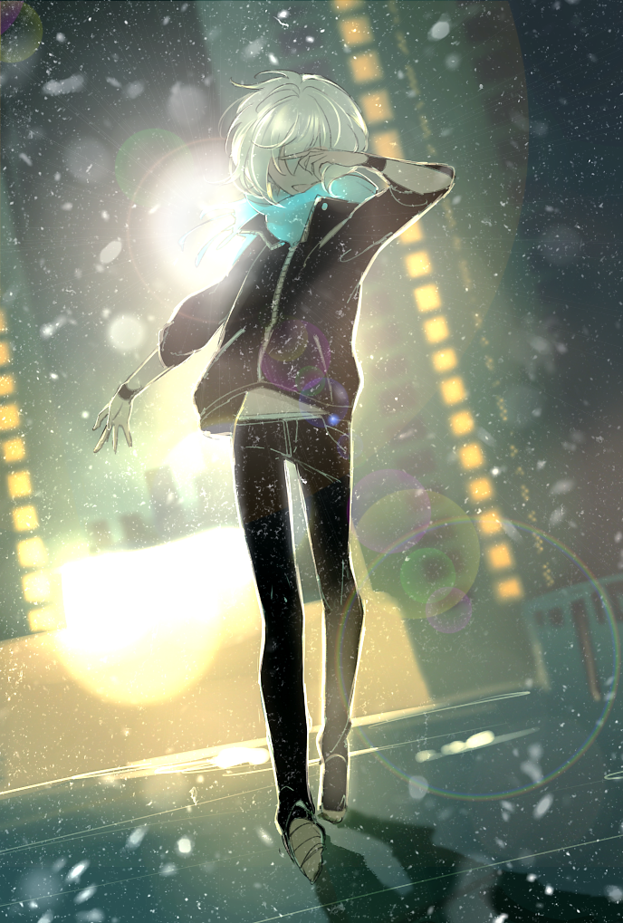 1girl aoba_moca aqua_scarf backlighting bang_dream! belly_peek black_jacket black_pants blurry blurry_background bracelet chino_machiko commentary_request covering_face full_body grey_hair hand_on_own_face jacket jewelry lens_flare long_sleeves no_eyes open_mouth pants parody short_hair smile solo walking