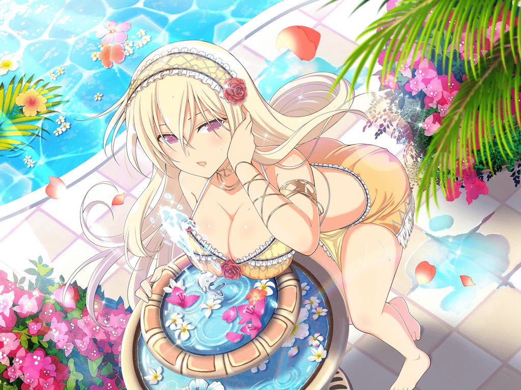 1girl barefoot bikini blonde_hair bracelet breasts cleavage flower hair_flower hair_ornament jewelry large_breasts leo_(senran_kagura) long_hair looking_at_viewer official_art open_mouth petals senran_kagura senran_kagura_new_link solo standing swimsuit very_long_hair violet_eyes water wet yaegashi_nan yellow_bikini