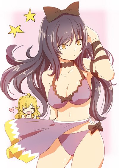 2girls bikini black_bow black_hair black_ribbon blake_belladonna blonde_hair bow breasts choker cleavage closed_eyes collarbone floating_hair hair_bow hand_in_hair heart long_hair looking_to_the_side medium_breasts moai_(moai_world) multiple_girls navel purple_bikini ribbon rwby solo_focus standing swimsuit very_long_hair wrist_ribbon yang_xiao_long yellow_eyes