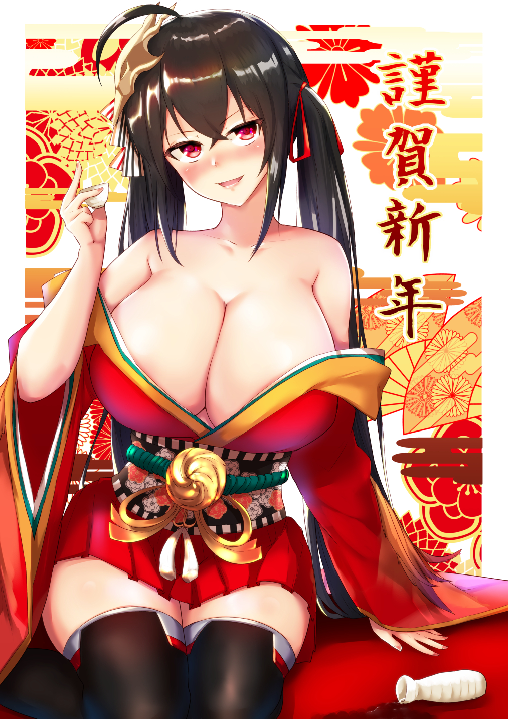 ahoge alcohol azur_lane bangs bare_shoulders black_hair blush breasts cleavage collarbone crossed_bangs cup drinking_glass eyebrows_visible_through_hair hair_between_eyes happy_new_year highres huge_breasts ibara_azuki japanese_clothes kimono long_hair mask mask_on_head new_year open_mouth red_eyes red_kimono taihou_(azur_lane) thigh-highs translated very_long_hair