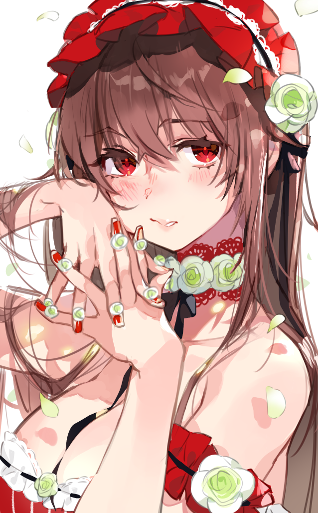 1girl arm_up armband bangs bare_arms bare_shoulders black_neckwear blush breasts brown_hair choker cleavage collarbone eyebrows_visible_through_hair flower flower_choker frilled_armband green_flower green_rose hair_between_eyes hair_flower hair_ornament hand_up headdress interlocked_fingers lace_trim large_breasts long_hair looking_at_viewer nail_polish neck_ribbon original parted_lips petals red_eyes red_nails ribbon rose sanpaku sidelocks simple_background sleeveless solo striped tonito upper_body white_background