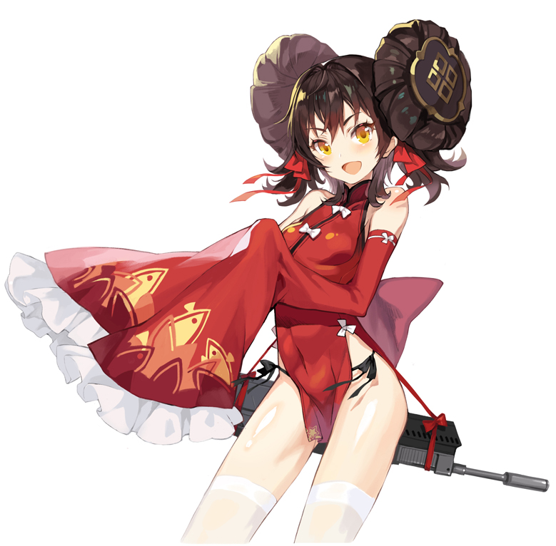 1girl :d bangs bare_shoulders black_panties black_ribbon bow breasts brown_hair china_dress chinese_clothes covered_navel detached_sleeves double_bun dress frilled_sleeves frills girls_frontline hair_ribbon long_hair long_sleeves looking_at_viewer m2_(guvn5745) open_mouth panties qbz-97 qbz-97_(girls_frontline) red_dress red_ribbon ribbon short_dress side-tie_panties side_slit simple_background sleeves_past_fingers sleeves_past_wrists small_breasts smile solo thigh-highs underwear white_background white_bow white_legwear wide_sleeves yellow_eyes