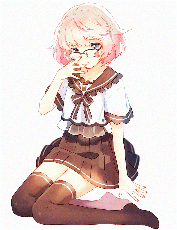 1girl arm_support bangs black-framed_eyewear black_eyes black_legwear black_sailor_collar black_skirt collarbone eyebrows_visible_through_hair flower frilled_shirt_collar frills full_body glasses hakusai_(tiahszld) hand_up head_tilt high-waist_skirt looking_at_viewer looking_over_eyewear miniskirt nail_polish no_shoes original parted_lips pink_flower pink_hair pink_nails pleated_skirt sailor_collar school_uniform see-through shirt short_hair short_sleeves simple_background sitting skirt solo thigh-highs white_background white_shirt yokozuwari zettai_ryouiki