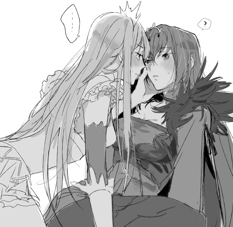 ... 2girls ? backlighting blush commentary_request face-to-face fate/grand_order fate_(series) frills from_side fur_trim greyscale hair_between_eyes hand_on_another's_cheek hand_on_another's_face imminent_kiss long_hair looking_at_another medb_(fate)_(all) medb_(fate/grand_order) monochrome multiple_girls parted_lips profile scathach_(fate)_(all) scathach_skadi_(fate/grand_order) sketch spoken_ellipsis spoken_question_mark sweat tatsuta_age tiara white_background yuri