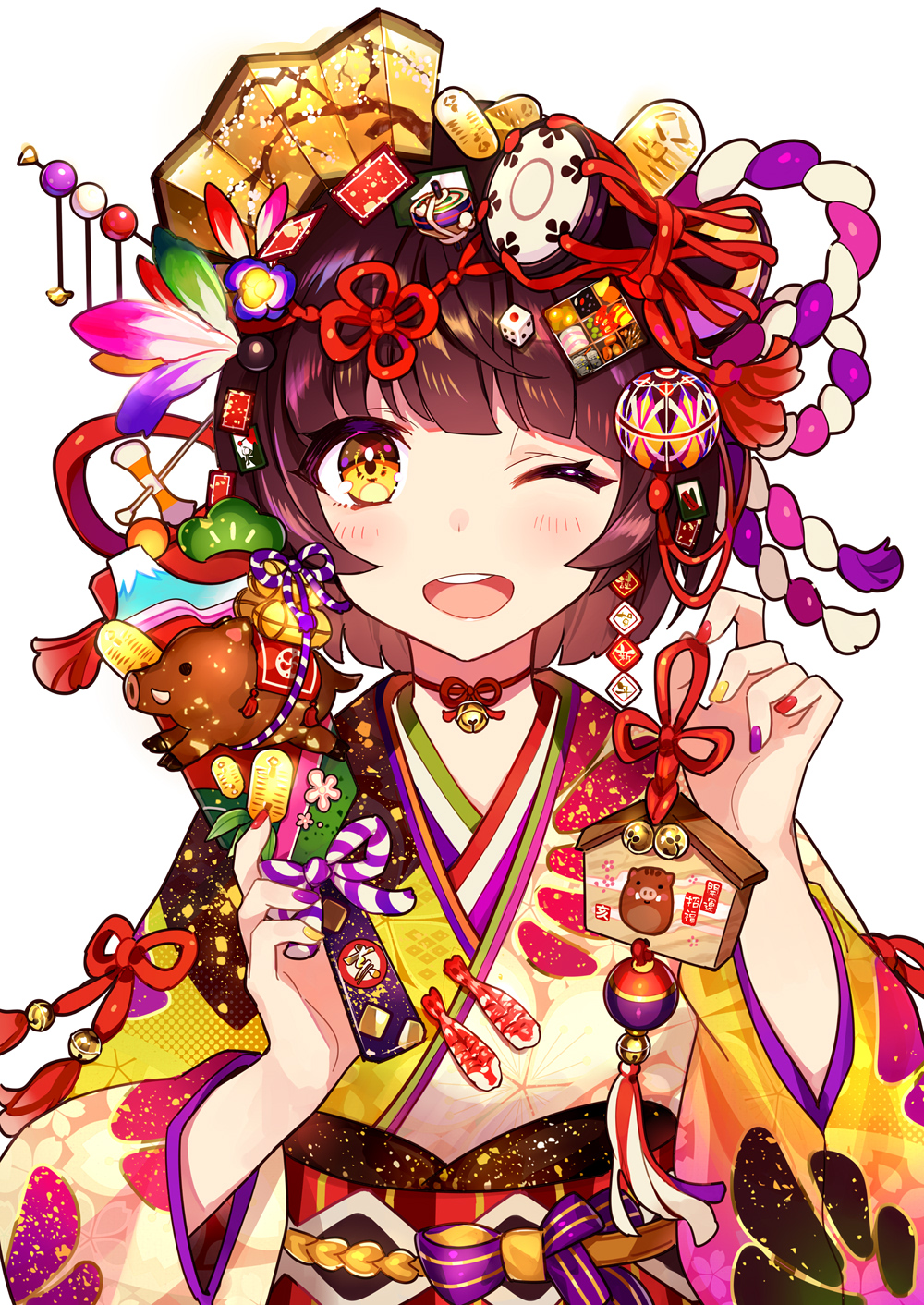 1girl ;d animal ball bangs bell blunt_bangs boar brown_hair commentary_request crown dice dice_hair_ornament ema food_themed_hair_ornament gold hagoita hair_ornament hair_ribbon hair_stick hanetsuki happy_new_year highres japanese_clothes jingle_bell kimono koban_(gold) long_sleeves looking_at_viewer multicolored multicolored_nails nail_polish neck_ribbon new_year obi one_eye_closed open_mouth original outline paddle print_kimono red_ribbon revision ribbon rope round_teeth sash shimenawa short_hair simple_background smile solo spinning_top tareme tassel teeth temari_ball translated upper_body upper_teeth user_fvsd2278 white_background white_outline wide_sleeves yellow_eyes yellow_kimono