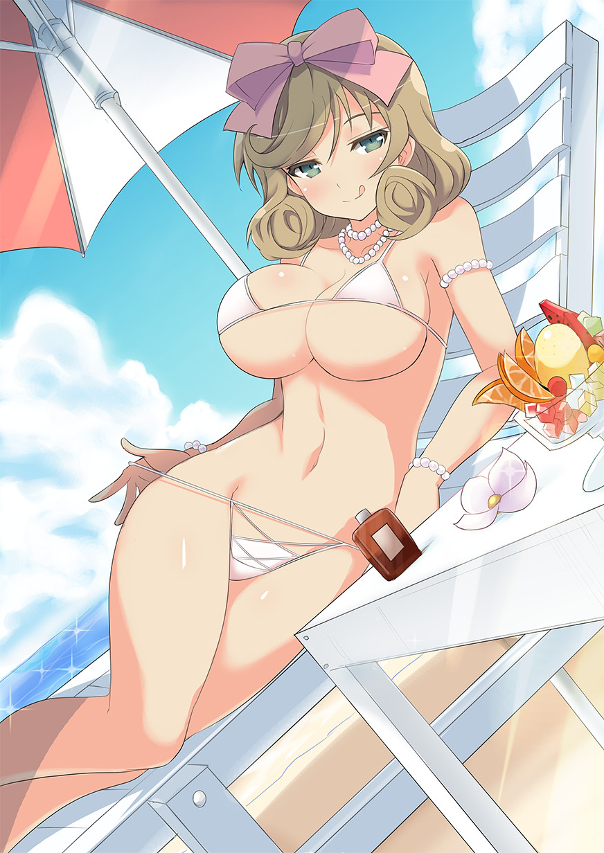 1girl :q beach beach_umbrella bikini blush bow bracelet breasts cup day drinking_glass food green_eyes hair_bow haruka_(senran_kagura) highres jewelry large_breasts light_brown_hair looking_at_viewer lotion lotion_bottle lying naughty_face navel necklace official_art on_side seductive_smile senran_kagura short_hair smile solo sunscreen swimsuit tongue tongue_out umbrella yaegashi_nan