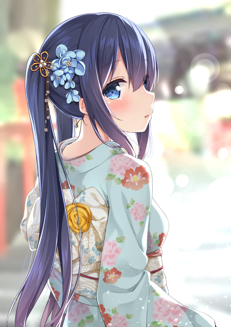 1girl aqua_kimono bangs blue_eyes blue_flower blue_hair blurry blush bokeh breasts depth_of_field eyebrows_visible_through_hair floral_print flower from_behind furisode hair_flower hair_ornament japanese_clothes karutamo kimono long_hair long_sleeves looking_at_viewer looking_back medium_breasts new_year obi original parted_lips pink_kimono sash sidelocks solo twintails upper_body wide_sleeves yellow_flower