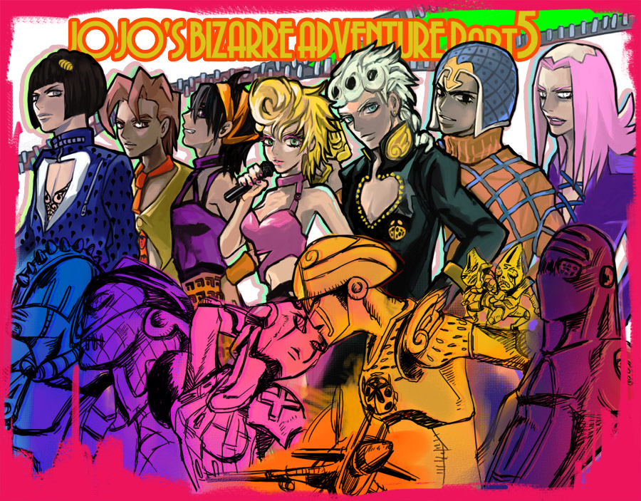 aqua_eyes bare_shoulders black_eyes black_hair blonde_hair bonocho braid brown_hair bruno_bucciarati everyone eyeshadow fugo_pannacotta giorno_giovanna gold_experience green_eyes grey_eyes guido_mista hair_ornament hairclip hat headband jacket jojo's_bizarre_adventure jojo_no_kimyou_na_bouken lace leone_abbachio lipstick long_hair microphone midriff moody_blues_(stand) narancia_ghirga necktie pannacotta_fugo pink_hair purple_eyes purple_haze_(stand) sex_pistols_(stand) short_hair spice_girl_(stand) stand stand_(jojo) sticky_fingers_(stand) sweater trish_una violet_eyes white_eyes zipper