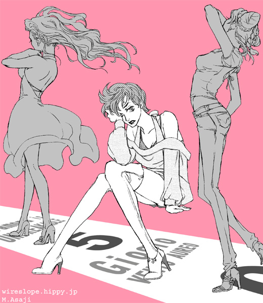 bare_shoulders collarbone collarbones double_bun double_buns dress high_heels jeans jojo's_bizarre_adventure jojo_no_kimyou_na_bouken kujo_jolyne kuujou_jolyne lipstick long_hair midriff monochrome pink_background shoes short_hair sitting thigh-highs thighhighs trish_una walking yamagishi_yukako