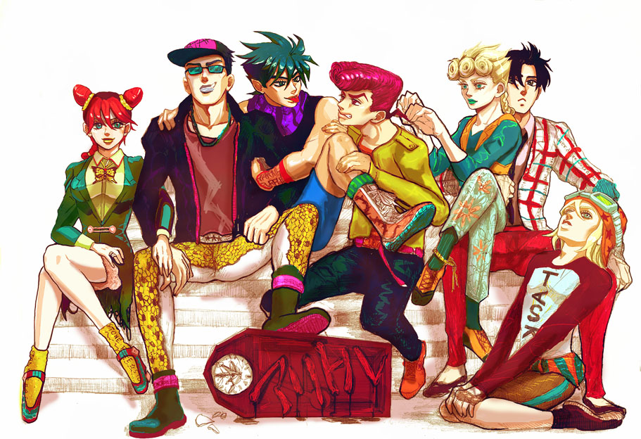 angry belt black_hair blazer blonde_hair boots braid brown_eyes cigarette clock collarbone collarbones dani double_bun double_buns family fingerless_gloves flower giorno_giovanna gloves goggles green_eyes green_hair green_lipstick hat higashikata_josuke higashikata_jousuke holding jacket jewelry johnny_joestar jojo's_bizarre_adventure jojo_no_kimyou_na_bouken jonathan_joestar joseph_joestar joseph_joestar_(young) kneeling kujo_jolyne kujo_jotaro kuujou_jolyne kuujou_joutarou legs lipstick looking_up necklace necktie pink_hair plaid pompadour red_eyes red_hair redhead ring scarf shoes short_hair shorts single_vertical_stripe sitting smoking sneakers socks steel_ball_run striped sunglasses tartan tight_pants time_paradox tongue vest wristband