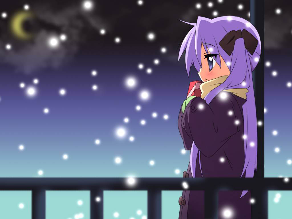 1024x768 hiiragi_kagami long_hair lucky_star night profile purple_eyes purple_hair scarf snow violet_eyes wallpaper