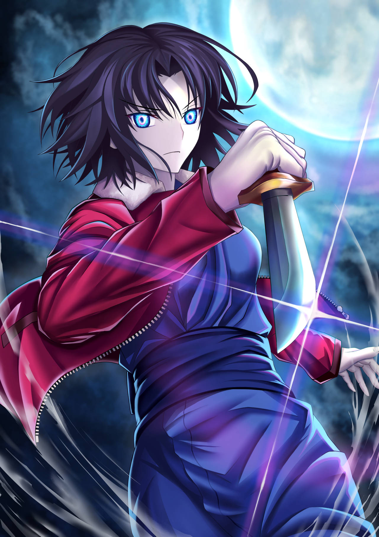 1girl bangs black_hair blue_eyes blue_kimono closed_mouth clouds commentary_request eyebrows_visible_through_hair floating_hair fur-trimmed_jacket fur_trim glowing glowing_eyes harukey highres holding holding_knife holding_weapon jacket japanese_clothes kara_no_kyoukai kimono knife long_sleeves looking_at_viewer moon mystic_eyes_of_death_perception night night_sky obi open_clothes open_jacket outdoors parted_bangs red_jacket ryougi_shiki sash short_hair sky solo upper_body weapon zipper