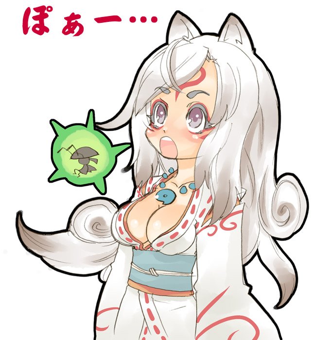 :o animal_ears breasts cleavage enraku_(pixiv) issun japanese_clothes jewelry long_hair necklace okami personification translation_request tsuutenkaaku white_hair