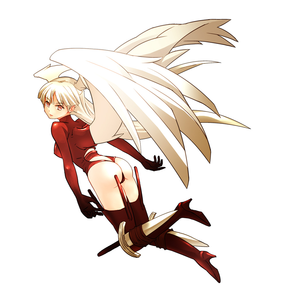 altima ass bodysuit final_fantasy final_fantasy_tactics head_wings headwings long_hair red_eyes silver_hair solo sword thigh-highs thighhighs ultima_(fft) uni_(gugurutan) uni_(pixiv218860) very_long_hair weapon white_hair wings