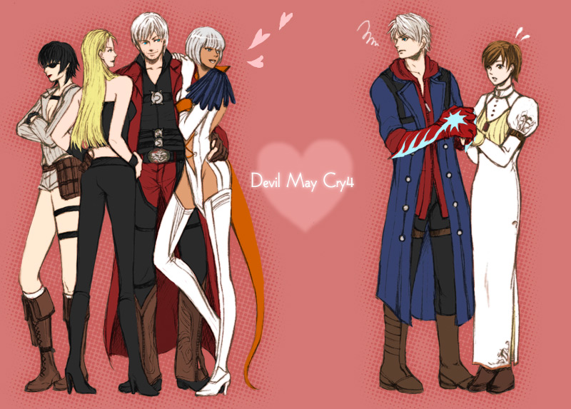 blonde_hair blue_eyes boots brown_hair capcom crossed_arms dante dark_skin devil_bringer devil_may_cry devil_may_cry_4 dual_persona gloria hand_on_hip heart jealous kyrie lady nero_(devil_may_cry) silver_hair sunglasses thigh_strap thighhighs trish umekichi_(pixiv139502) umekick white_hair