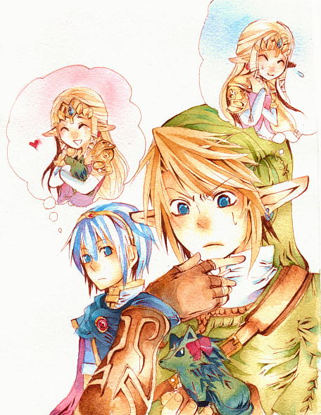 blue_eyes blue_hair fire_emblem gloves heart link marth nintendo pointy_ears princess_zelda super_smash_bros. sweat tears the_legend_of_zelda thinking tiara