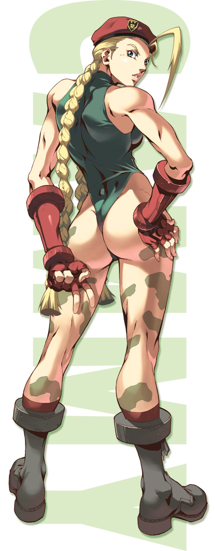 alvin_lee beret blonde_hair blue_eyes boots braid breast cammy_white camouflage capcom fingerless_gloves gloves hand_on_hip hat leotard lipstick looking_back muscle panties street_fighter thong thong_leotard twin_braids udon_entertainment v