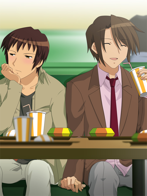 blush brown_hair couple depth_of_field fast_food fastfood food hand_holding holding_hands koizumi_itsuki kyon lunch male suzumiya_haruhi_no_yuuutsu under_table yaoi