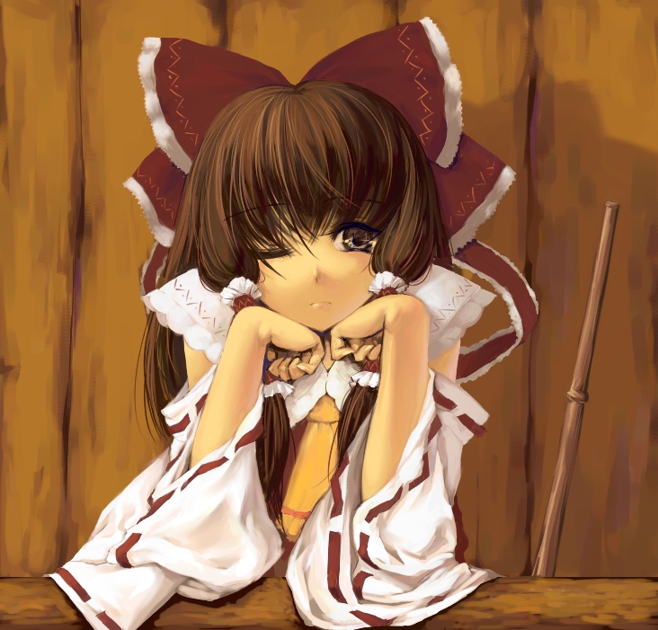 bored brown_eyes brown_hair chin_rest detached_sleeves hakurei_reimu japanese_clothes miko s.advent touhou wink