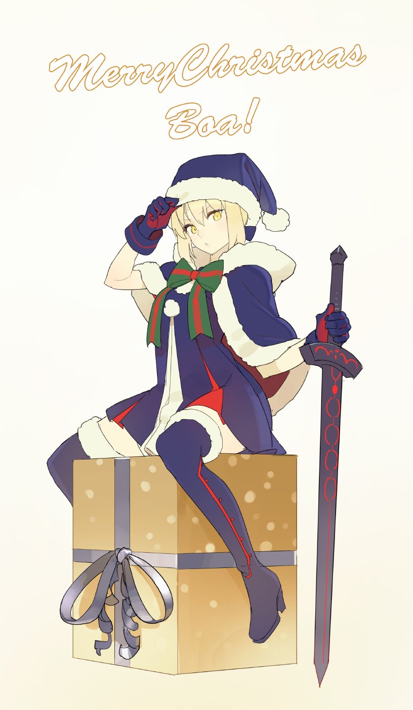 1girl artoria_pendragon_(all) beige_background black_gloves blonde_hair boots box cape dark_excalibur fate/grand_order fate_(series) fur_trim gift gift_box gloves hat high_heels highres holding holding_sword holding_weapon looking_at_viewer santa_alter santa_hat simple_background sitting solo sword thigh-highs thigh_boots tim_loechner weapon yellow_eyes