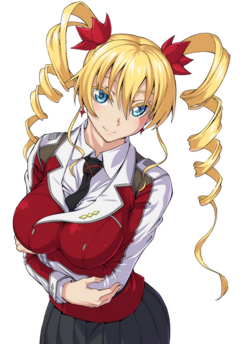 1girl black_neckwear blonde_hair blue_eyes claire_harvey drill_hair earrings hair_between_eyes highres hundred jewelry long_hair long_sleeves necktie ozaneko school_uniform shirt simple_background smile solo twin_drills white_background white_shirt