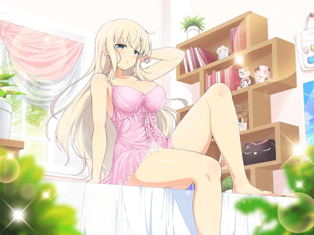 1girl aqua_eyes arm_support bag barefoot blonde_hair blush book bookshelf breasts camisole hair_ornament hairclip half-closed_eyes handbag indoors large_breasts lingerie long_hair looking_at_viewer official_art on_bed parted_lips senran_kagura senran_kagura_new_link sitting solo underwear yaegashi_nan yomi_(senran_kagura)