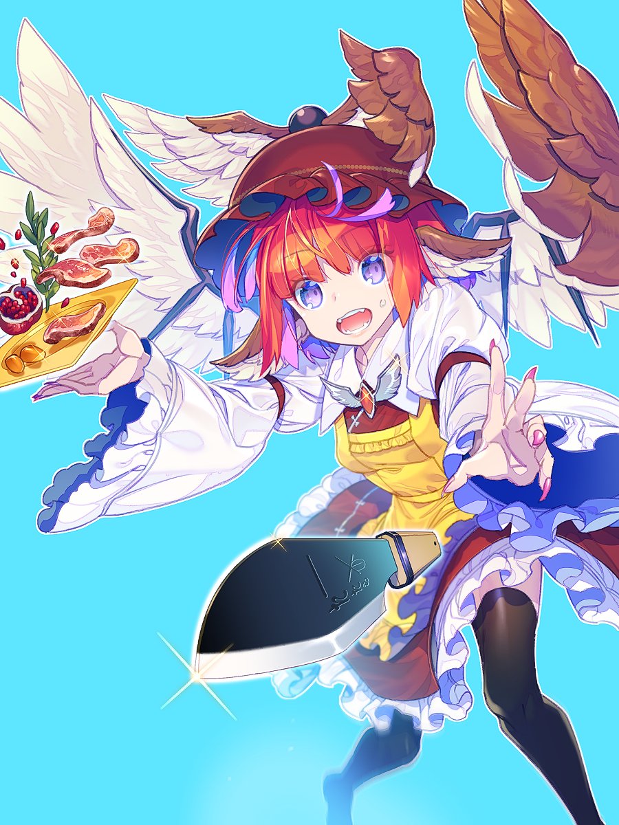 1girl animal_ears apron bangs bird_wings black_legwear blue_background brown_dress brown_hat commentary_request dress fangs feathered_wings fingernails food foreshortening frilled_sleeves frills glint hat highres knife long_fingernails long_sleeves looking_at_viewer meat mob_cap mystia_lorelei nail_polish open_mouth pink_nails redhead shirt short_hair simple_background solo sweatdrop thigh-highs touhou violet_eyes white_shirt wide_sleeves wings zounose