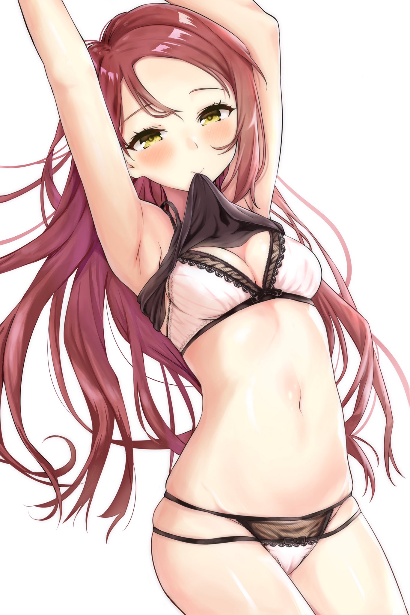 1girl armpits arms_up bangs black_tank_top blush bow bow_bra bow_panties bra breasts cleavage highres kitaku_jikan_(ktk_jkn) lace lace-trimmed_bra lace-trimmed_panties light_background lingerie long_hair looking_at_viewer love_live! love_live!_sunshine!! mouth_hold navel panties pink_bra pink_panties redhead sakurauchi_riko shirt_lift simple_background skindentation small_breasts solo tank_top underwear white_background yellow_eyes