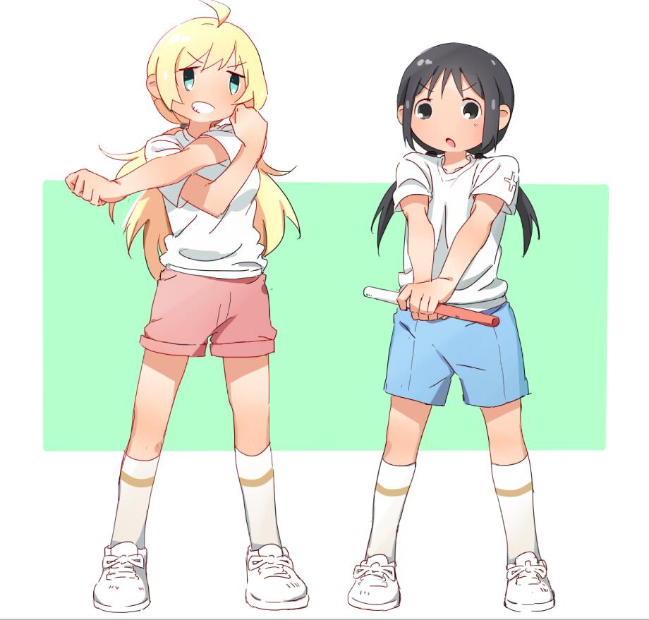 2girls ahoge aqua_eyes black_eyes black_hair blonde_hair chito_(shoujo_shuumatsu_ryokou) contemporary eyebrows_visible_through_hair full_body gym_uniform holding kneehighs long_hair multiple_girls relay_baton shirt short_shorts shorts shoujo_shuumatsu_ryokou simple_background stretch t-shirt twintails yoshimi_(yasinatongren) yuuri_(shoujo_shuumatsu_ryokou)