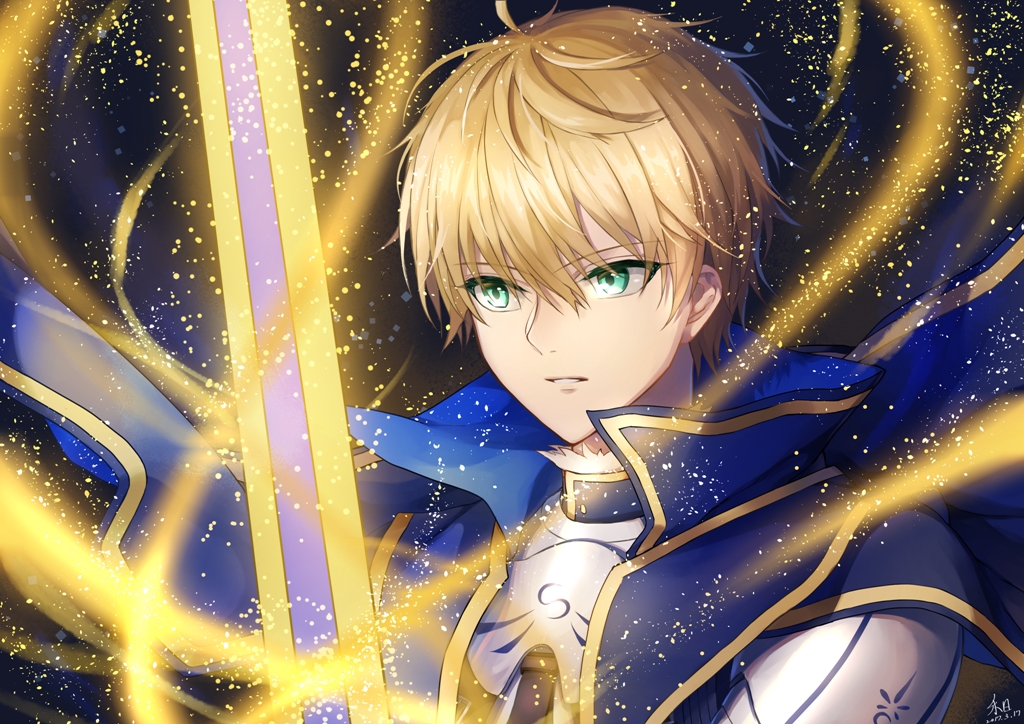 1boy arthur_pendragon_(fate) blonde_hair blue_cape cape excalibur fate/prototype fate_(series) green_eyes hair_between_eyes heri_(sniper579) male_focus parted_lips portrait solo