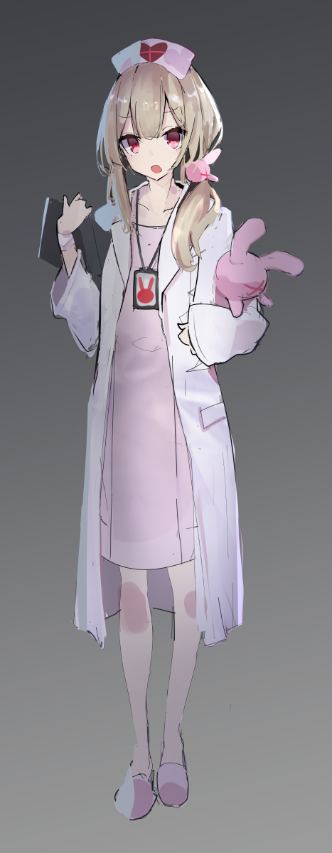 1girl :o alternate_hairstyle bangs blush bunny_hair_ornament clipboard collarbone dress eyebrows_visible_through_hair full_body grey_background hair_ornament harenchi hat heart highres holding holding_clipboard labcoat lanyard light_brown_hair long_hair long_sleeves looking_at_viewer low_twintails natori_sana nurse_cap object_hug open_clothes open_mouth pink_dress pink_footwear pink_hat red_eyes sana_channel sidelocks sketch sleeves_past_wrists slippers solo standing stuffed_animal stuffed_bunny stuffed_toy twintails virtual_youtuber