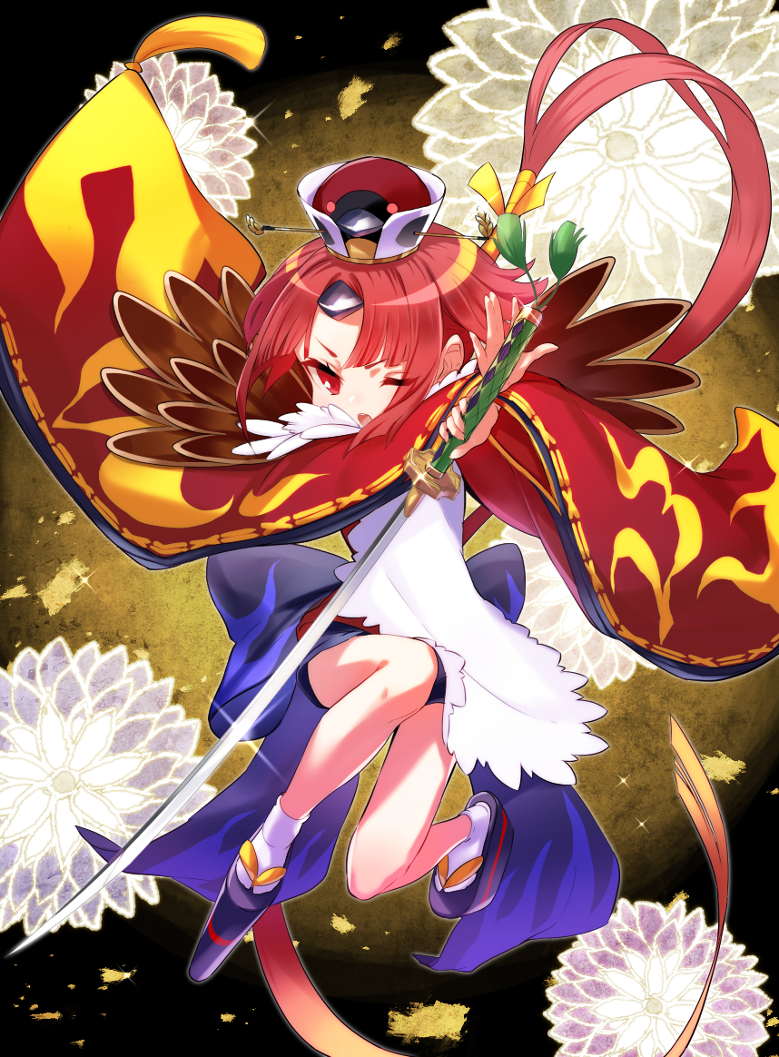 1girl ;o apron benienma_(fate/grand_order) eyes_visible_through_hair fate/grand_order fate_(series) feathers flower geta glint green322 hat holding holding_sword holding_weapon japanese_clothes katana long_sleeves looking_at_viewer mini_hat one_eye_closed open_mouth ponytail red_eyes redhead solo sparkle sword tabi teeth v-shaped_eyebrows weapon white_apron wide_sleeves